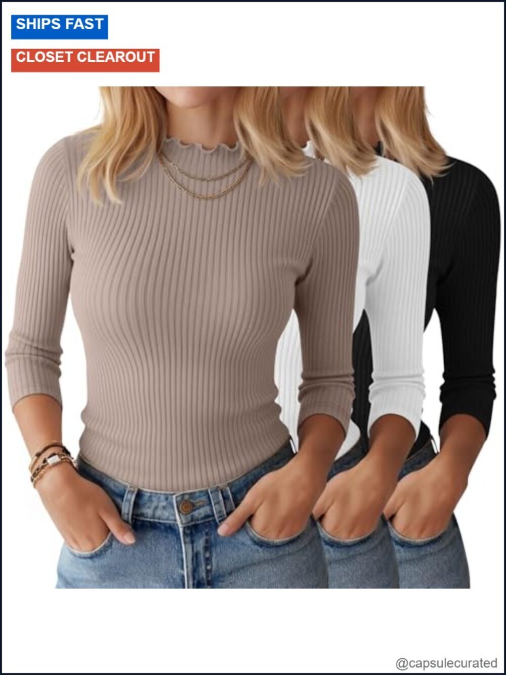3 Pack Women's Cotton Ribbed Mock Neck Tops 3/4 Sleeve with Lettuce Trim Slim